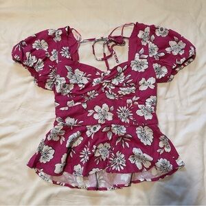 Floral Tie-Front Peplum Top in Magenta Pink